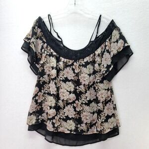 Rue21 Blouse Womens Small Black Floral Off Shoulder‎ Lace Trim Retro Y2K Preppy